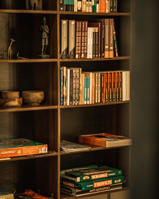 A large, organized board game collection on shelving